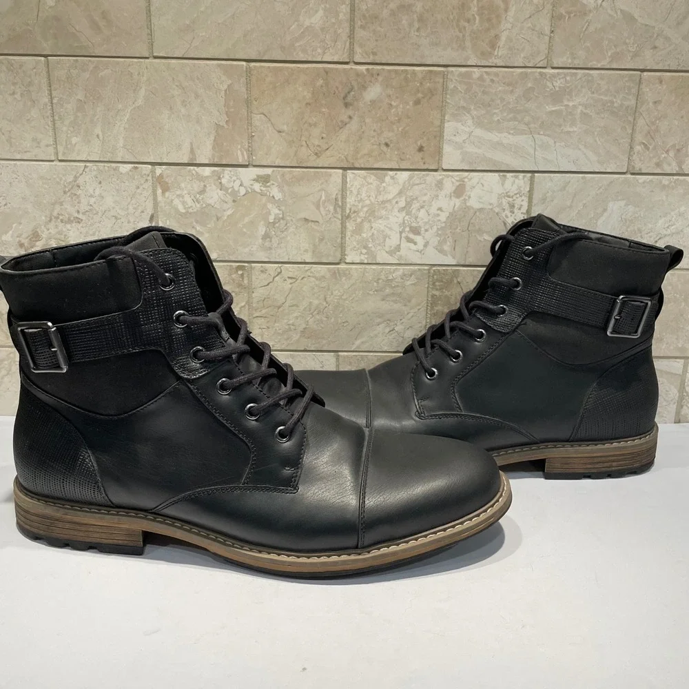 Arizona Lautner Mens Black Cap Toe Combat Boots Lace Up Buckle Strap